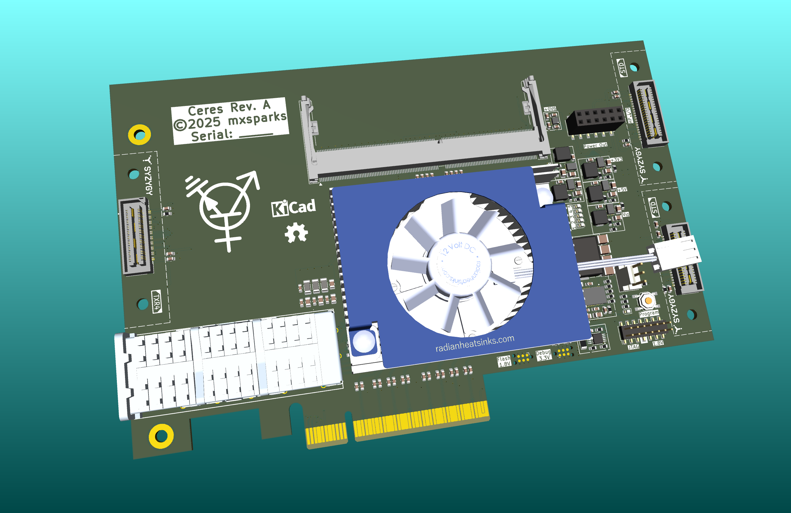 A 3D rendering of a PCI Express card with a big heatsink, various
expansion connectors, and a transgender-transistor logo